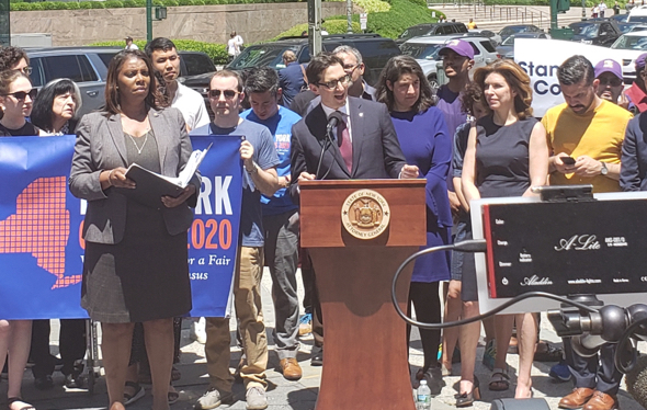 ABNY Chairman Steven Rubenstein speaks alongside Attorney General Letitia James at a press conference opposing the addition of the unconstitutional citizenship question